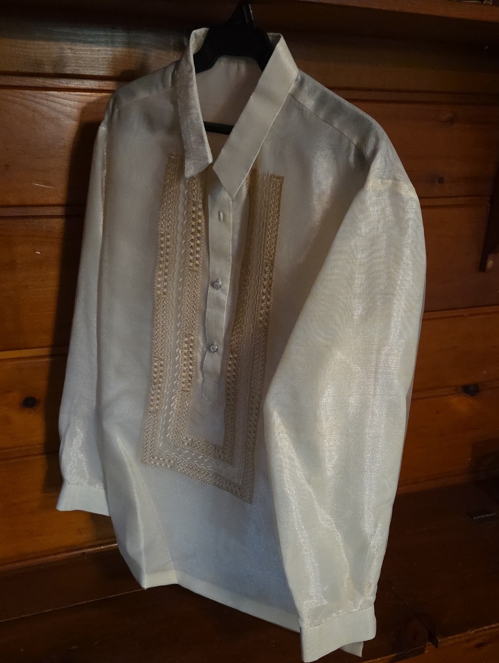 New Men's Embroidered Barong-Style Dress Shirt - White/Cream